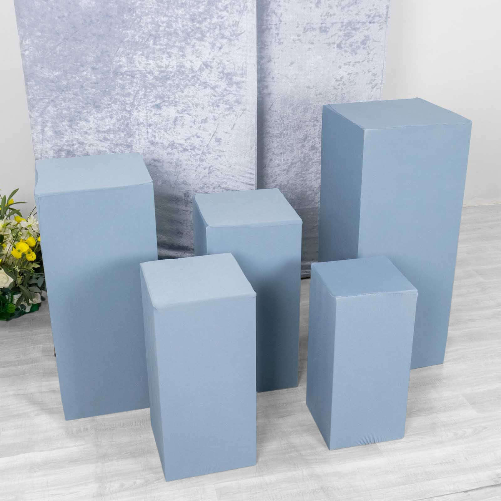 Set of 5 Dusty Blue Spandex Rectangle Pedestal Stand Covers, Stretchable Pillar Prop Covers - 160 GSM - Bell Racket Store