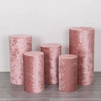 Set of 5 Dusty Rose Crushed Velvet Cylinder Pedestal Stand Covers, Premium Pillar Prop Covers - Bell Racket Store