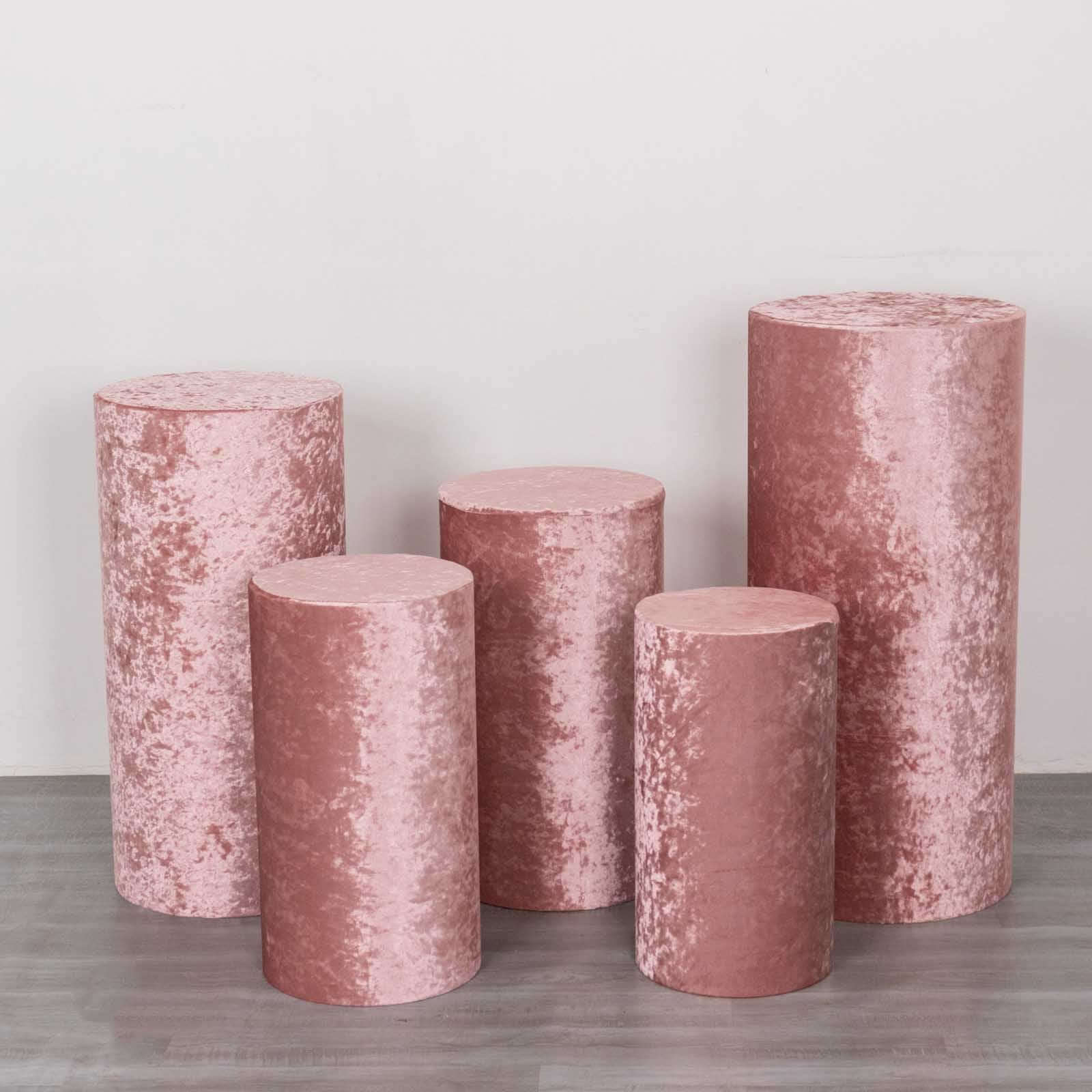 Set of 5 Dusty Rose Crushed Velvet Cylinder Pedestal Stand Covers, Premium Pillar Prop Covers - Bell Racket Store