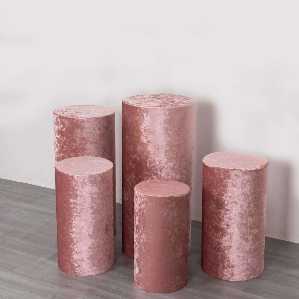 Set of 5 Dusty Rose Crushed Velvet Cylinder Pedestal Stand Covers, Premium Pillar Prop Covers - Bell Racket Store