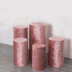 Set of 5 Dusty Rose Crushed Velvet Cylinder Pedestal Stand Covers, Premium Pillar Prop Covers - Bell Racket Store