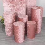 Set of 5 Dusty Rose Crushed Velvet Cylinder Pedestal Stand Covers, Premium Pillar Prop Covers - Bell Racket Store