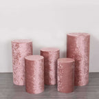 Set of 5 Dusty Rose Crushed Velvet Cylinder Pedestal Stand Covers, Premium Pillar Prop Covers - Bell Racket Store