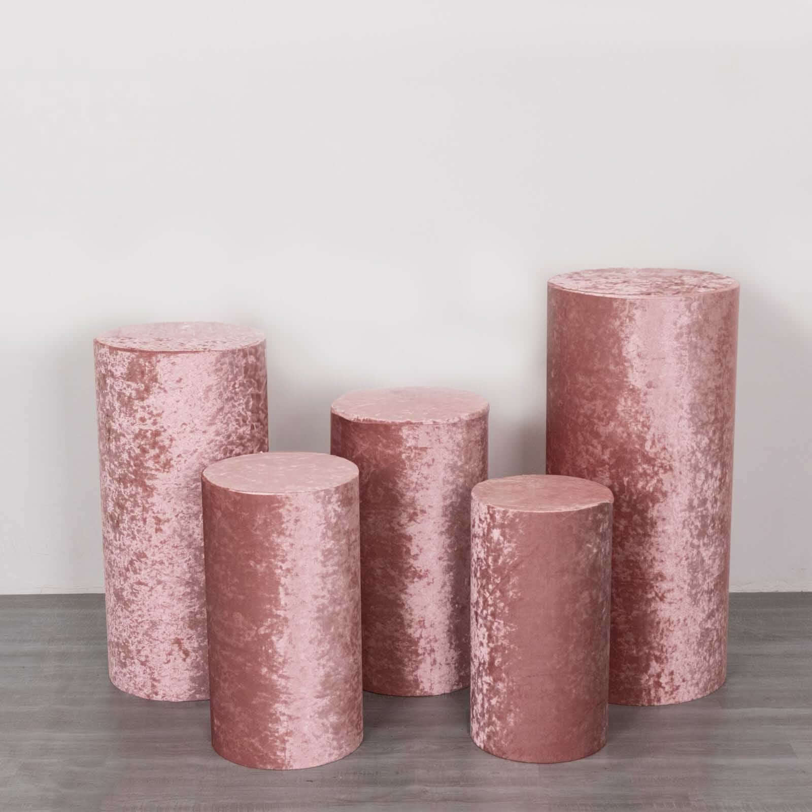 Set of 5 Dusty Rose Crushed Velvet Cylinder Pedestal Stand Covers, Premium Pillar Prop Covers - Bell Racket Store
