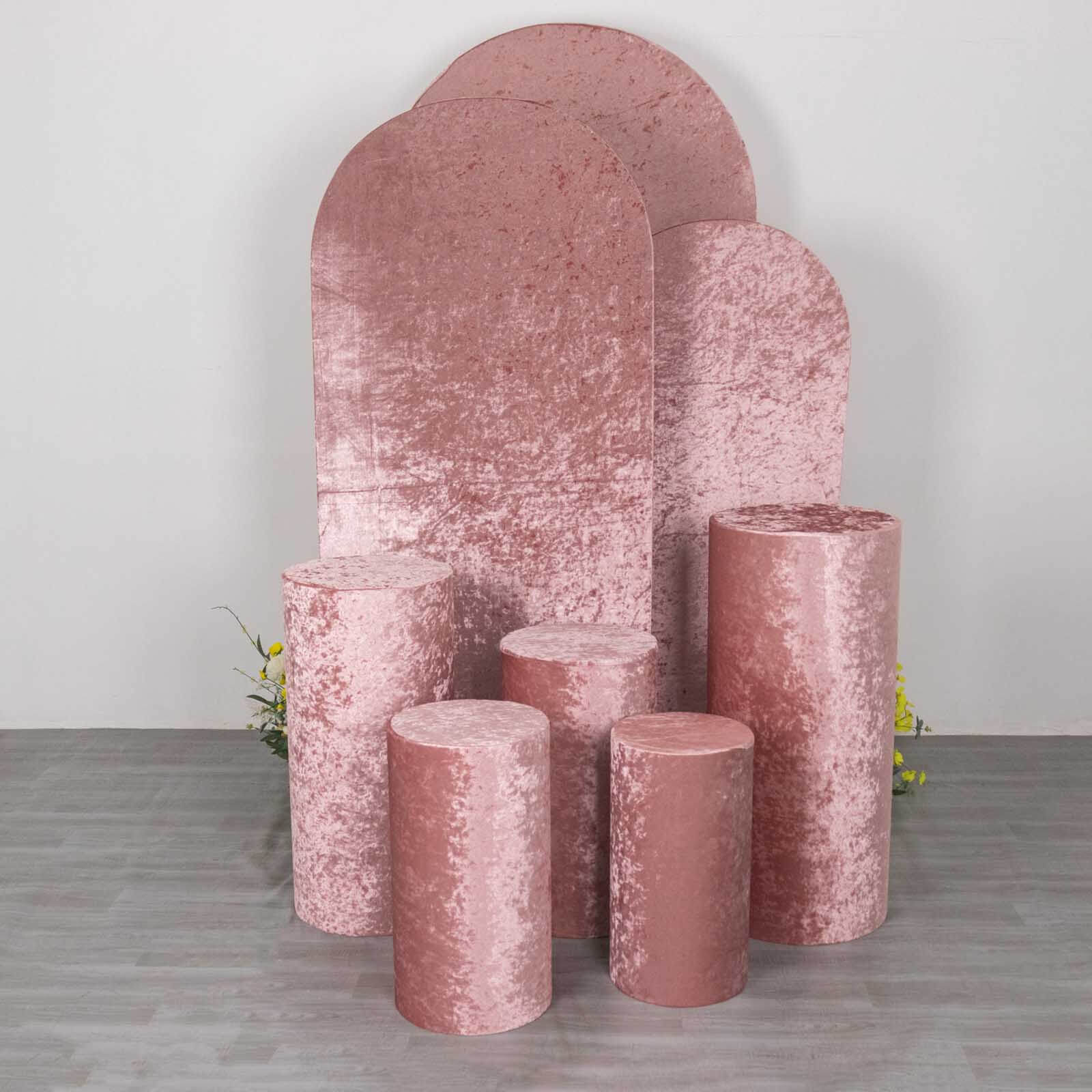 Set of 5 Dusty Rose Crushed Velvet Cylinder Pedestal Stand Covers, Premium Pillar Prop Covers - Bell Racket Store