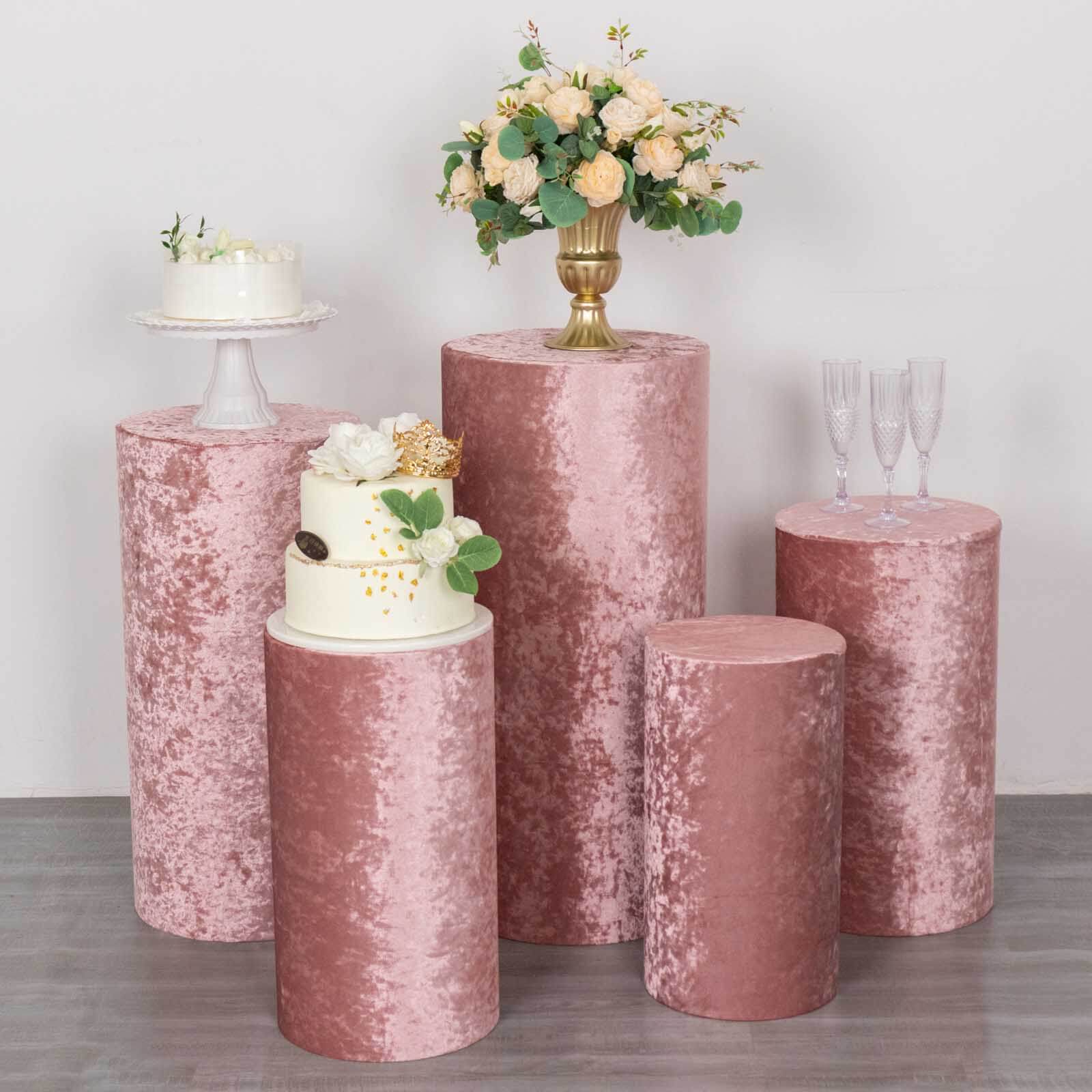 Set of 5 Dusty Rose Crushed Velvet Cylinder Pedestal Stand Covers, Premium Pillar Prop Covers - Bell Racket Store