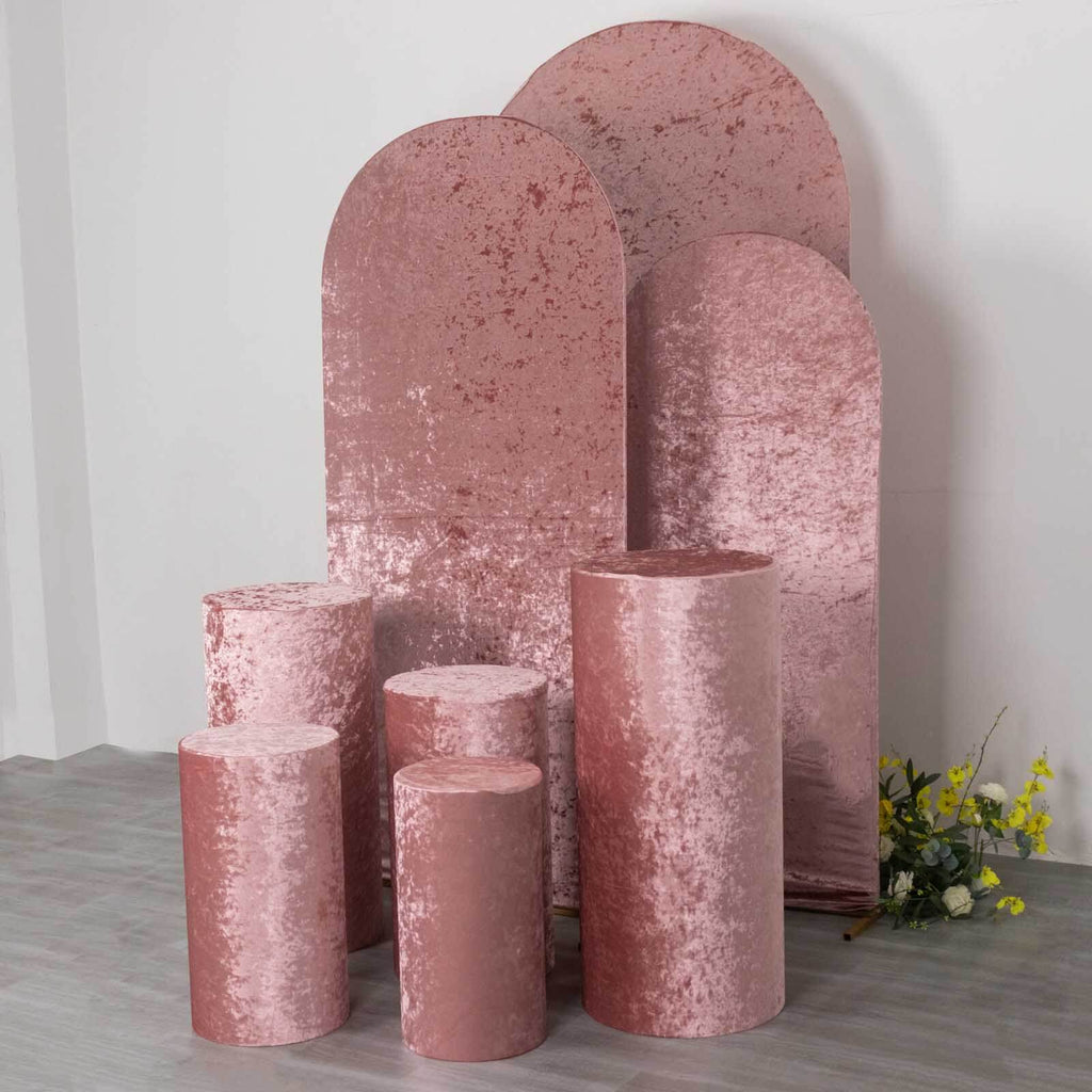 Set of 5 Dusty Rose Crushed Velvet Cylinder Pedestal Stand Covers, Premium Pillar Prop Covers - Bell Racket Store