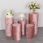 Set of 5 Dusty Rose Crushed Velvet Cylinder Pedestal Stand Covers, Premium Pillar Prop Covers - Bell Racket Store