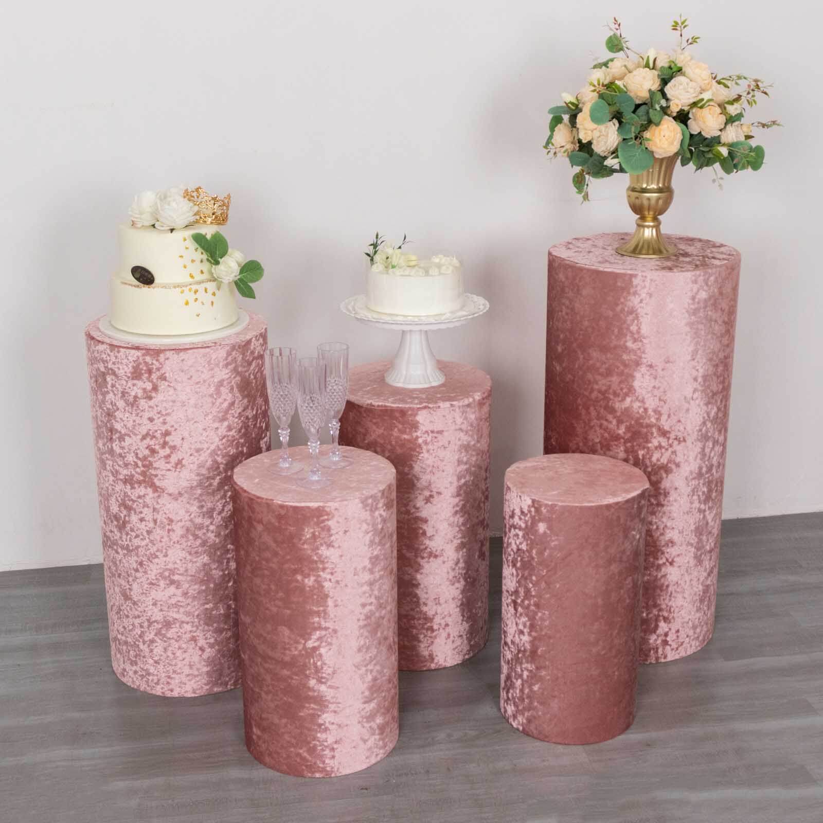 Set of 5 Dusty Rose Crushed Velvet Cylinder Pedestal Stand Covers, Premium Pillar Prop Covers - Bell Racket Store