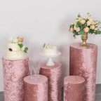 Set of 5 Dusty Rose Crushed Velvet Cylinder Pedestal Stand Covers, Premium Pillar Prop Covers - Bell Racket Store