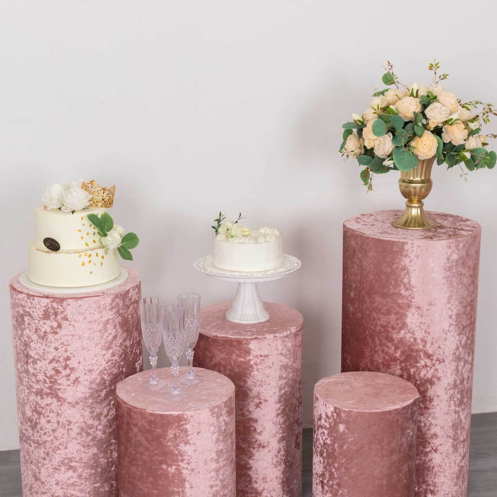 Set of 5 Dusty Rose Crushed Velvet Cylinder Pedestal Stand Covers, Premium Pillar Prop Covers - Bell Racket Store