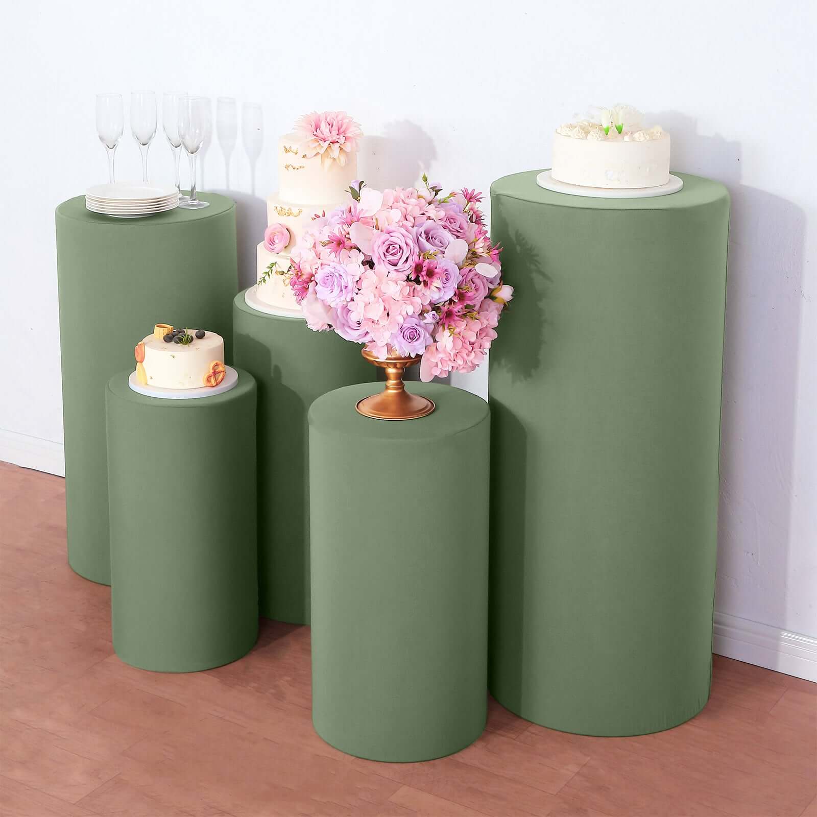 Set of 5 Dusty Sage Green Spandex Cylinder Pedestal Stand Covers, Stretchable Pillar Prop Covers - 160 GSM - Bell Racket Store