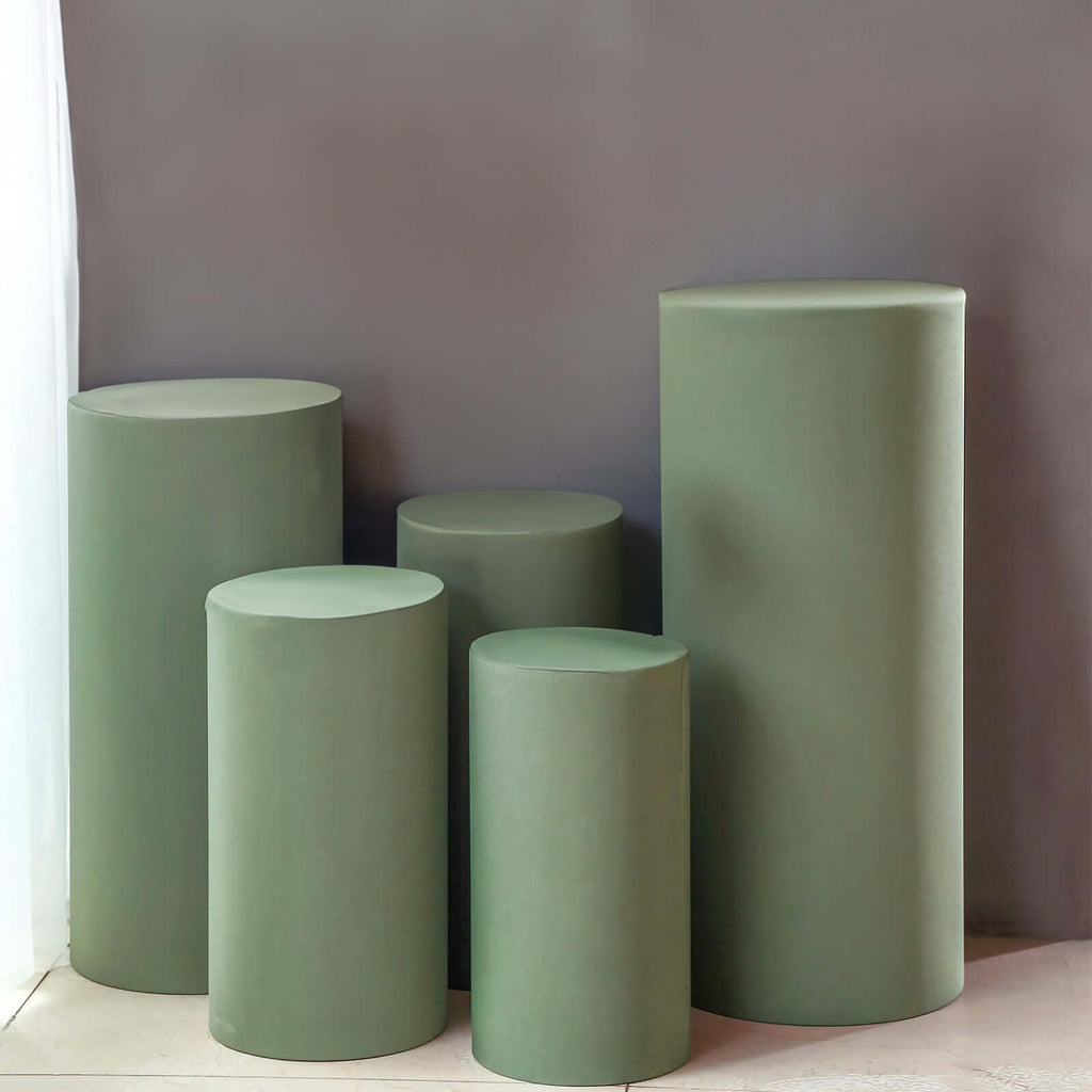 Set of 5 Dusty Sage Green Spandex Cylinder Pedestal Stand Covers, Stretchable Pillar Prop Covers - 160 GSM - Bell Racket Store