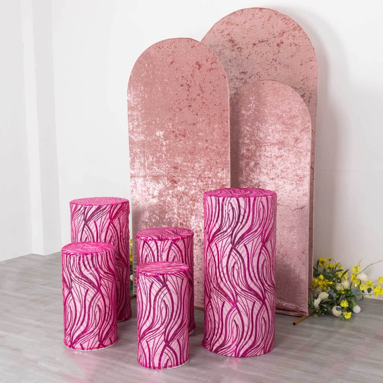Set of 5 Fuchsia Wave Mesh Cylinder Pedestal Stand Covers with Embroidered Sequins, Pillar Prop Covers - 160 GSM - Bell Racket Store