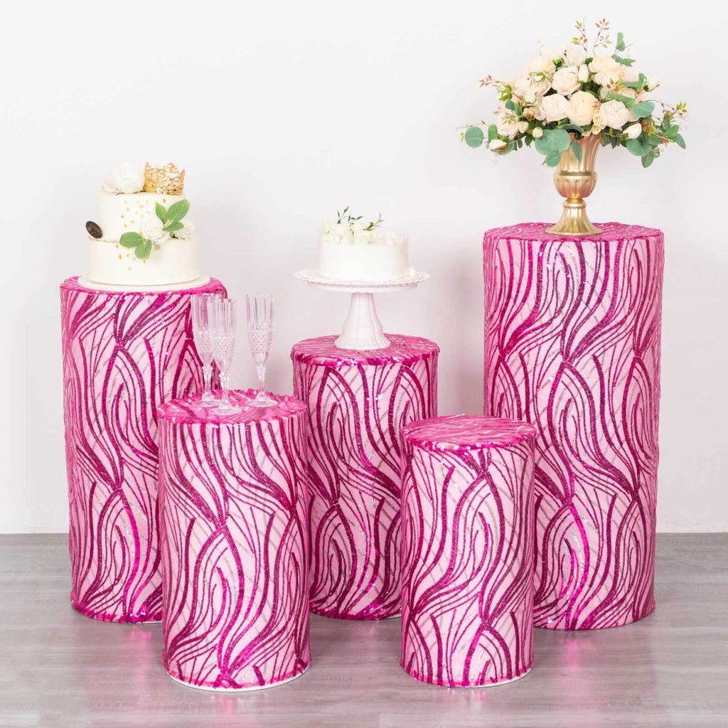 Set of 5 Fuchsia Wave Mesh Cylinder Pedestal Stand Covers with Embroidered Sequins, Pillar Prop Covers - 160 GSM - Bell Racket Store