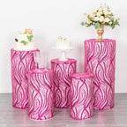 Set of 5 Fuchsia Wave Mesh Cylinder Pedestal Stand Covers with Embroidered Sequins, Pillar Prop Covers - 160 GSM - Bell Racket Store