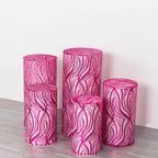 Set of 5 Fuchsia Wave Mesh Cylinder Pedestal Stand Covers with Embroidered Sequins, Pillar Prop Covers - 160 GSM - Bell Racket Store