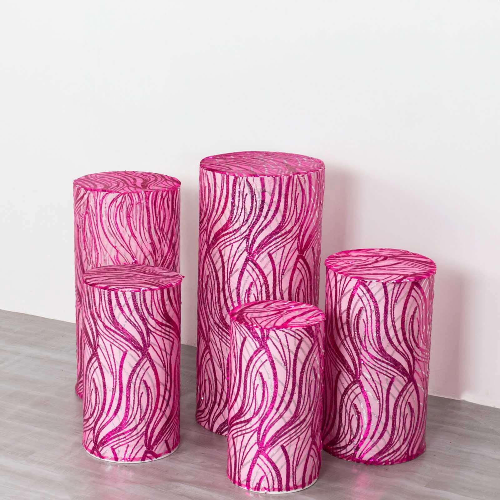 Set of 5 Fuchsia Wave Mesh Cylinder Pedestal Stand Covers with Embroidered Sequins, Pillar Prop Covers - 160 GSM - Bell Racket Store