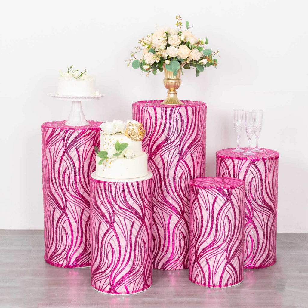 Set of 5 Fuchsia Wave Mesh Cylinder Pedestal Stand Covers with Embroidered Sequins, Pillar Prop Covers - 160 GSM - Bell Racket Store