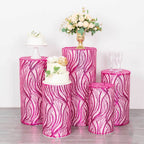 Set of 5 Fuchsia Wave Mesh Cylinder Pedestal Stand Covers with Embroidered Sequins, Pillar Prop Covers - 160 GSM - Bell Racket Store