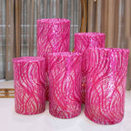 Set of 5 Fuchsia Wave Mesh Cylinder Pedestal Stand Covers with Embroidered Sequins, Pillar Prop Covers - 160 GSM - Bell Racket Store