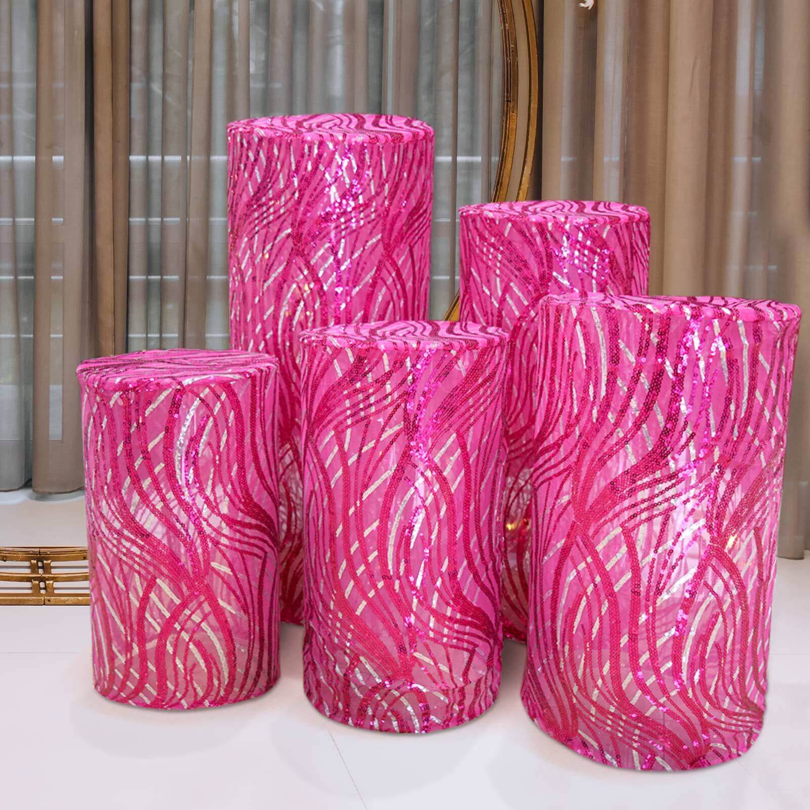 Set of 5 Fuchsia Wave Mesh Cylinder Pedestal Stand Covers with Embroidered Sequins, Pillar Prop Covers - 160 GSM - Bell Racket Store
