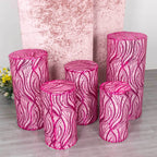 Set of 5 Fuchsia Wave Mesh Cylinder Pedestal Stand Covers with Embroidered Sequins, Pillar Prop Covers - 160 GSM - Bell Racket Store
