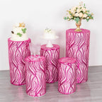Set of 5 Fuchsia Wave Mesh Cylinder Pedestal Stand Covers with Embroidered Sequins, Pillar Prop Covers - 160 GSM - Bell Racket Store