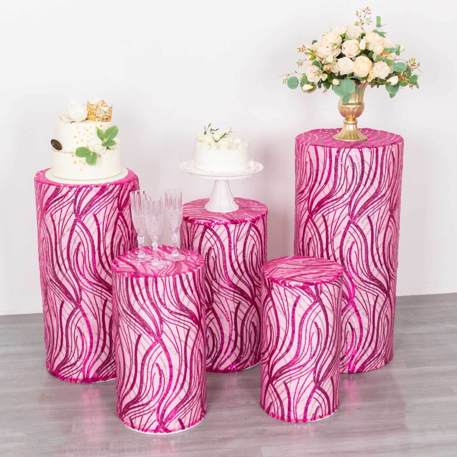 Set of 5 Fuchsia Wave Mesh Cylinder Pedestal Stand Covers with Embroidered Sequins, Pillar Prop Covers - 160 GSM - Bell Racket Store