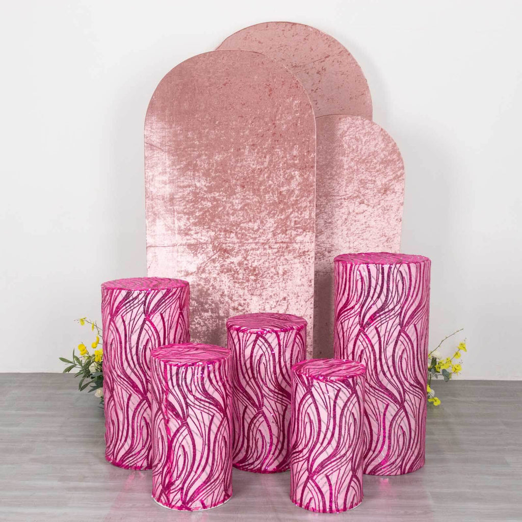 Set of 5 Fuchsia Wave Mesh Cylinder Pedestal Stand Covers with Embroidered Sequins, Pillar Prop Covers - 160 GSM - Bell Racket Store