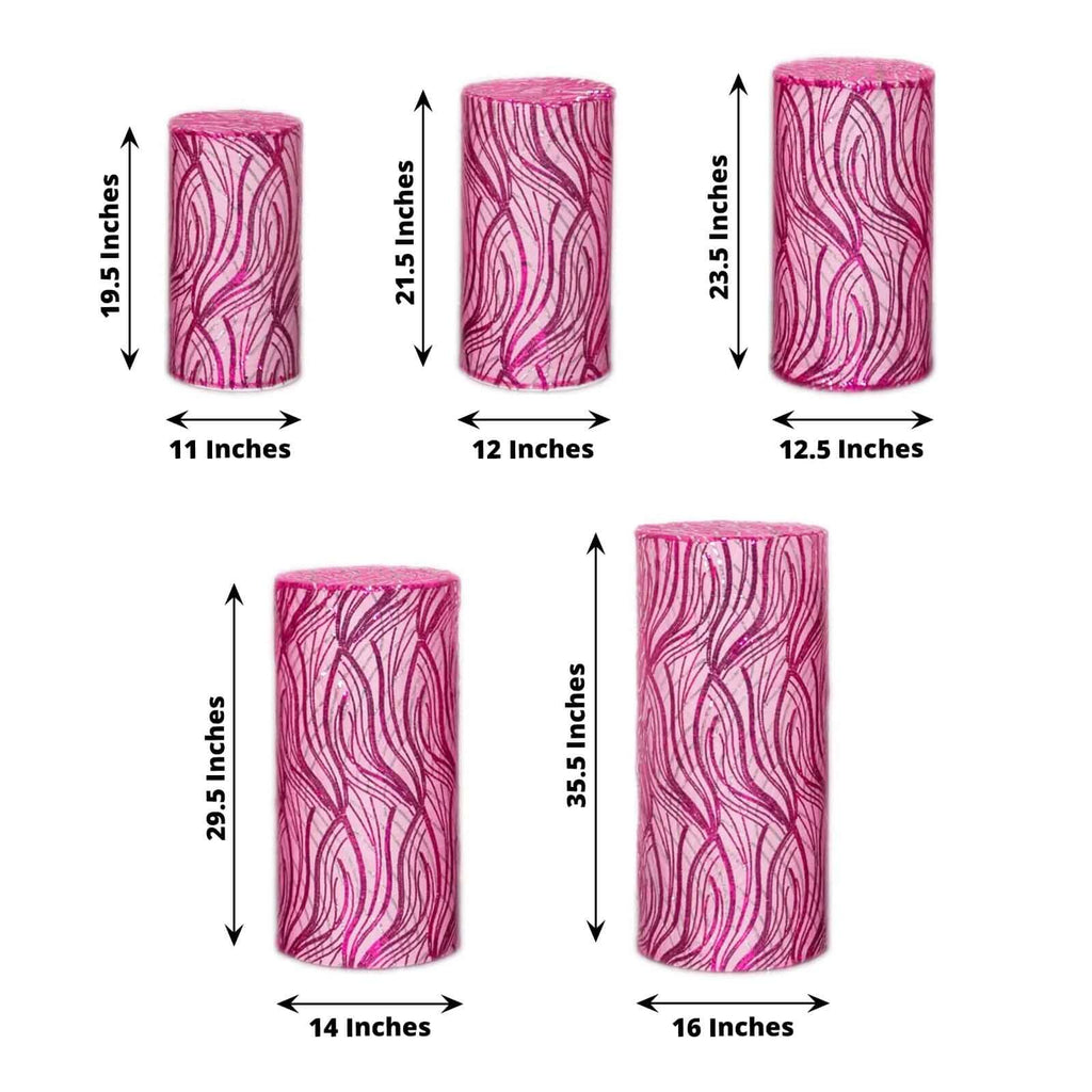 Set of 5 Fuchsia Wave Mesh Cylinder Pedestal Stand Covers with Embroidered Sequins, Pillar Prop Covers - 160 GSM - Bell Racket Store