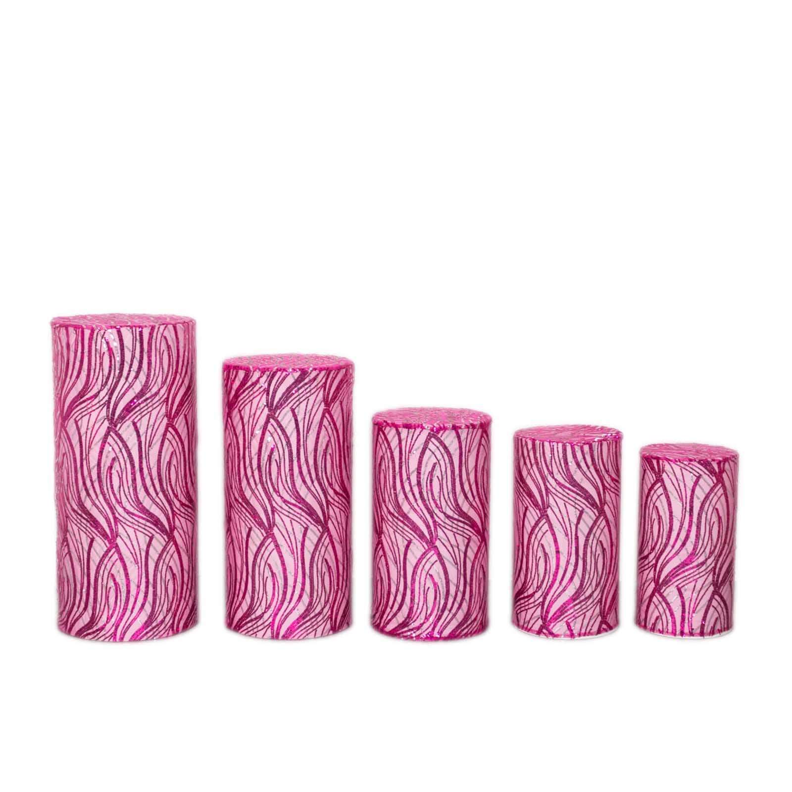 Set of 5 Fuchsia Wave Mesh Cylinder Pedestal Stand Covers with Embroidered Sequins, Pillar Prop Covers - 160 GSM - Bell Racket Store