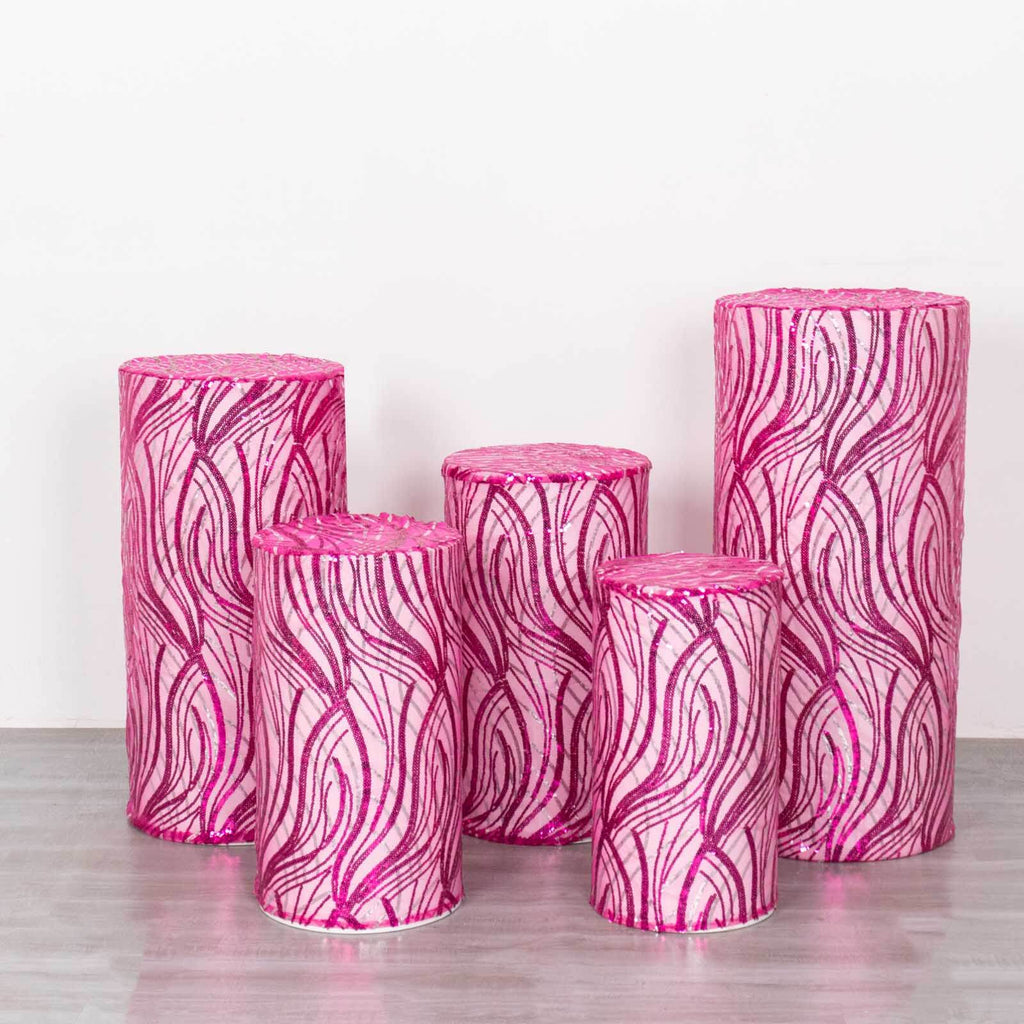 Set of 5 Fuchsia Wave Mesh Cylinder Pedestal Stand Covers with Embroidered Sequins, Pillar Prop Covers - 160 GSM - Bell Racket Store
