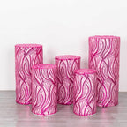 Set of 5 Fuchsia Wave Mesh Cylinder Pedestal Stand Covers with Embroidered Sequins, Pillar Prop Covers - 160 GSM - Bell Racket Store