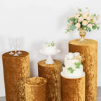 Set of 5 Gold Crushed Velvet Cylinder Pedestal Stand Covers, Premium Pillar Prop Covers - Bell Racket Store