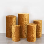 Set of 5 Gold Crushed Velvet Cylinder Pedestal Stand Covers, Premium Pillar Prop Covers - Bell Racket Store