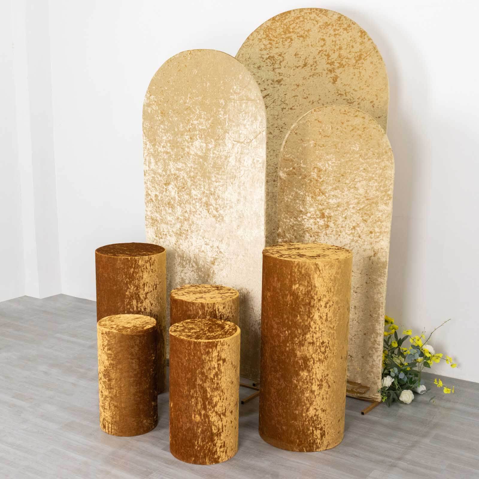 Set of 5 Gold Crushed Velvet Cylinder Pedestal Stand Covers, Premium Pillar Prop Covers - Bell Racket Store