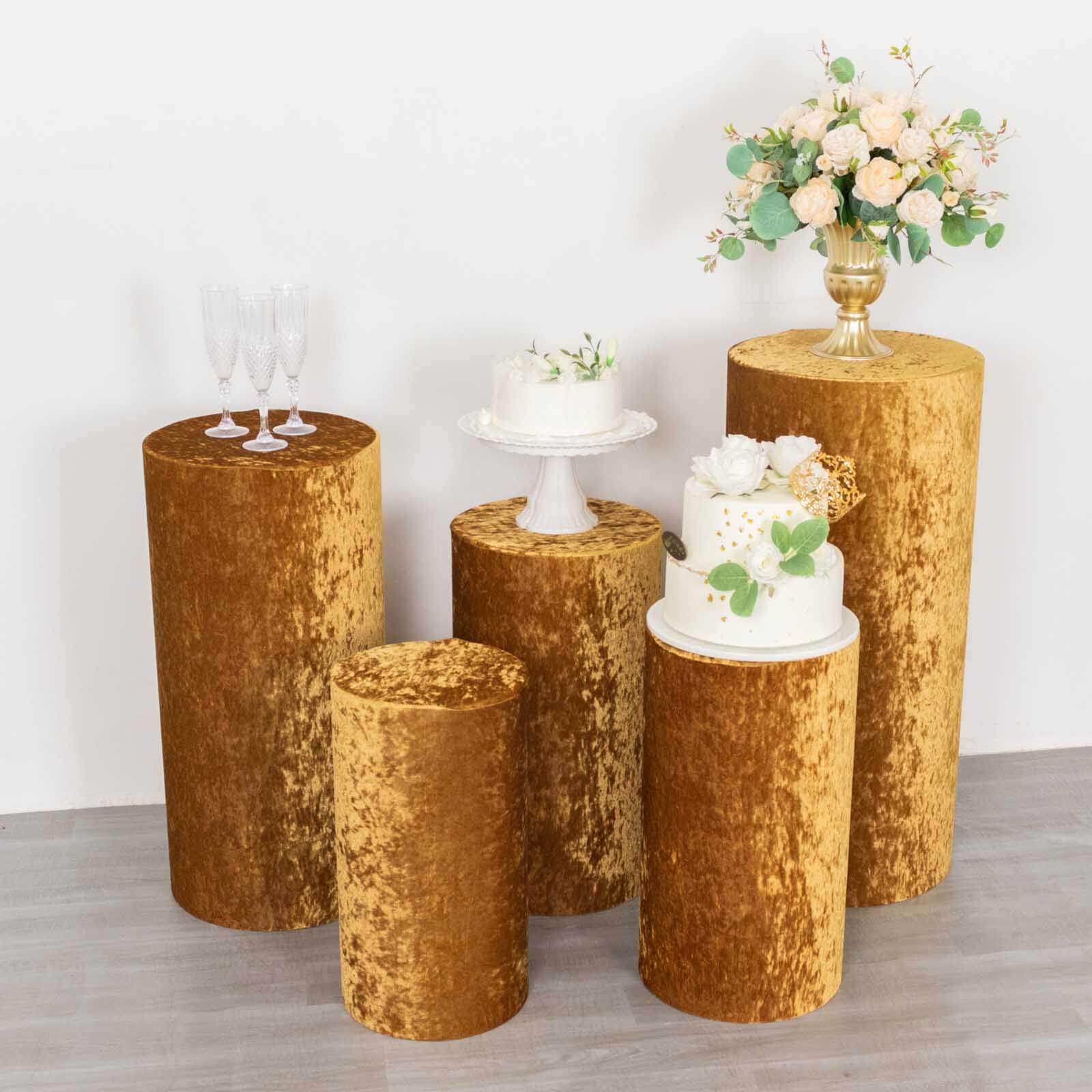 Set of 5 Gold Crushed Velvet Cylinder Pedestal Stand Covers, Premium Pillar Prop Covers - Bell Racket Store