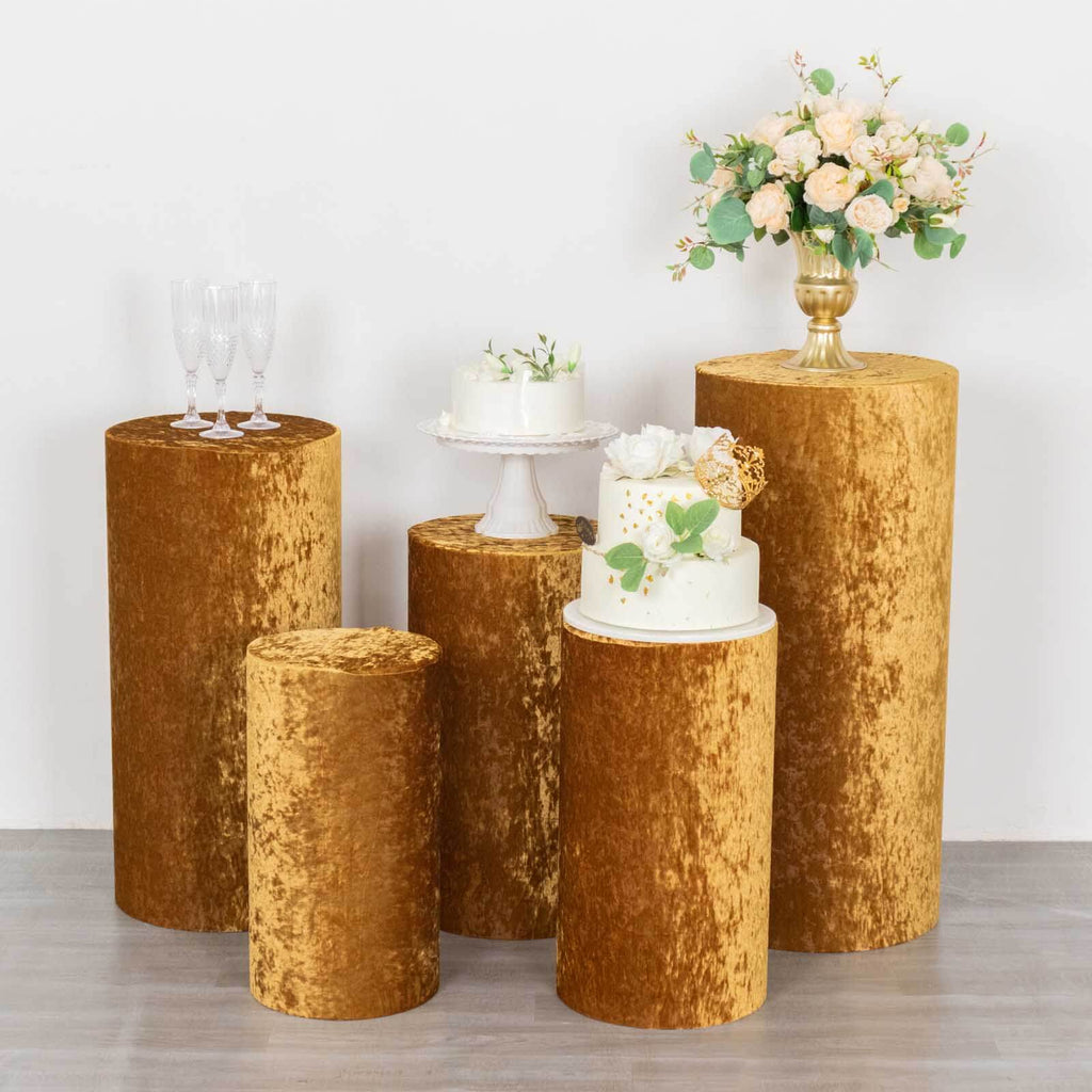 Set of 5 Gold Crushed Velvet Cylinder Pedestal Stand Covers, Premium Pillar Prop Covers - Bell Racket Store