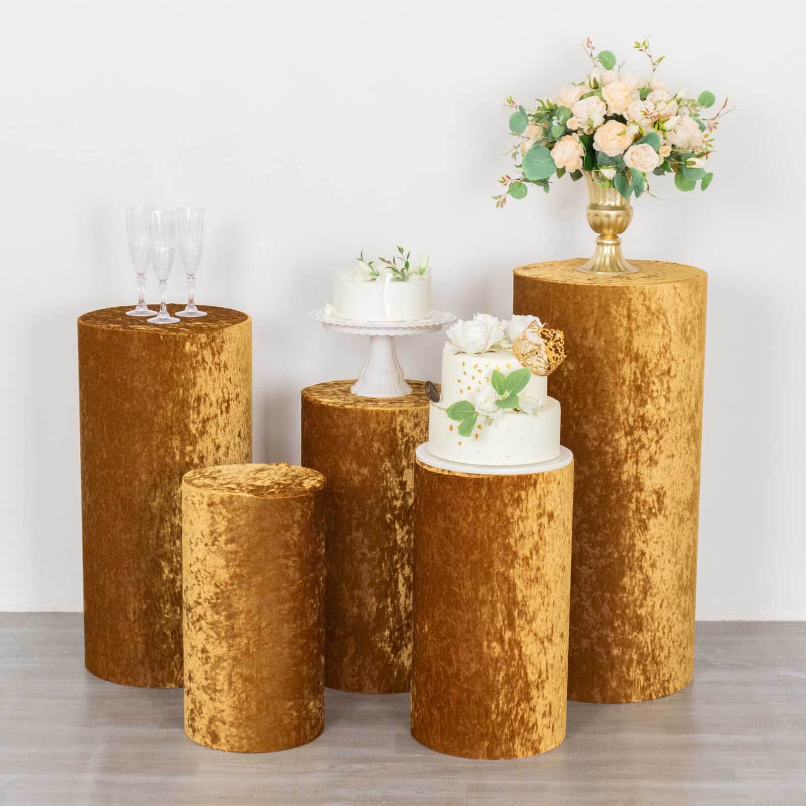 Set of 5 Gold Crushed Velvet Cylinder Pedestal Stand Covers, Premium Pillar Prop Covers - Bell Racket Store