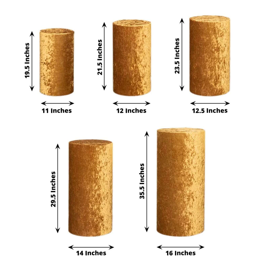 Set of 5 Gold Crushed Velvet Cylinder Pedestal Stand Covers, Premium Pillar Prop Covers - Bell Racket Store