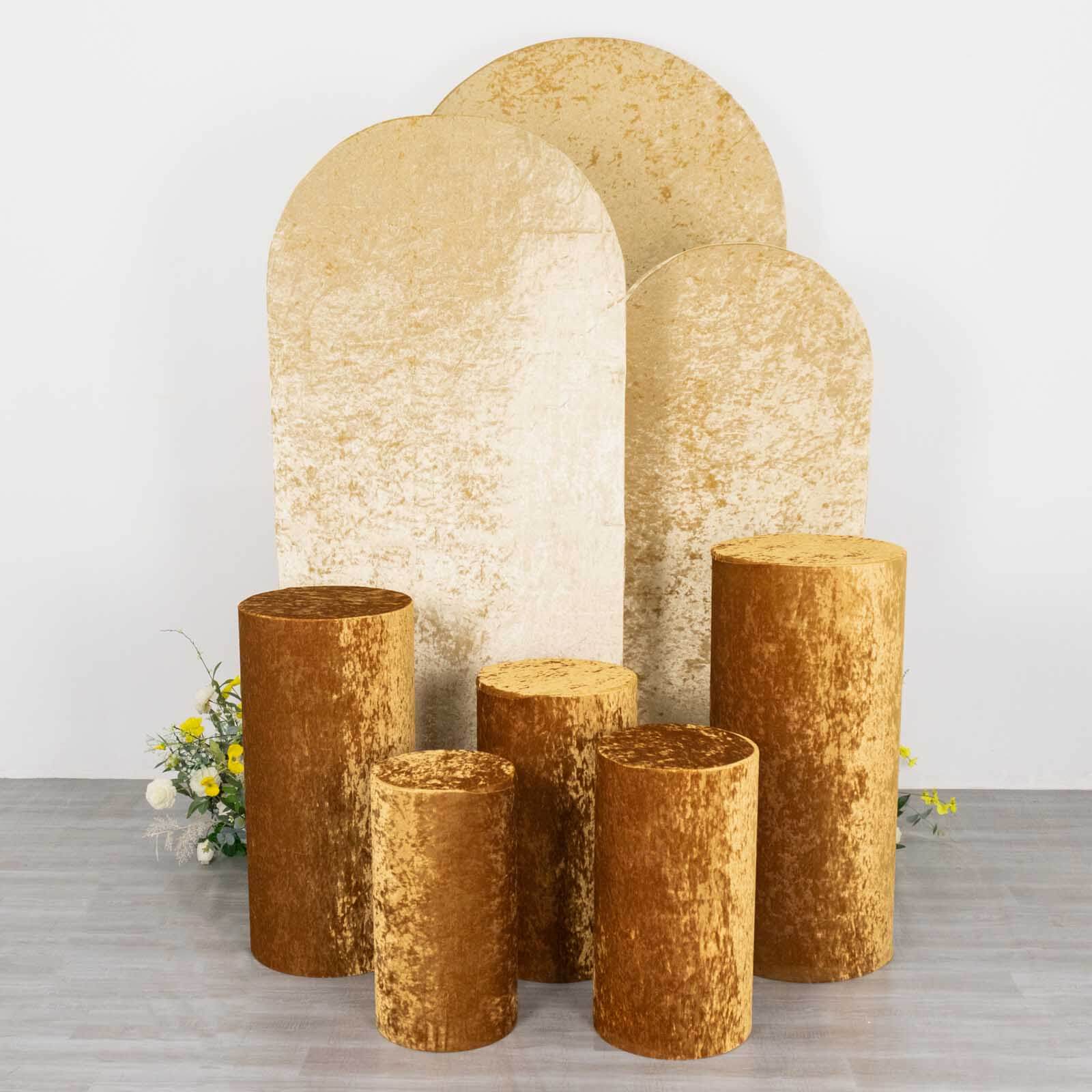 Set of 5 Gold Crushed Velvet Cylinder Pedestal Stand Covers, Premium Pillar Prop Covers - Bell Racket Store