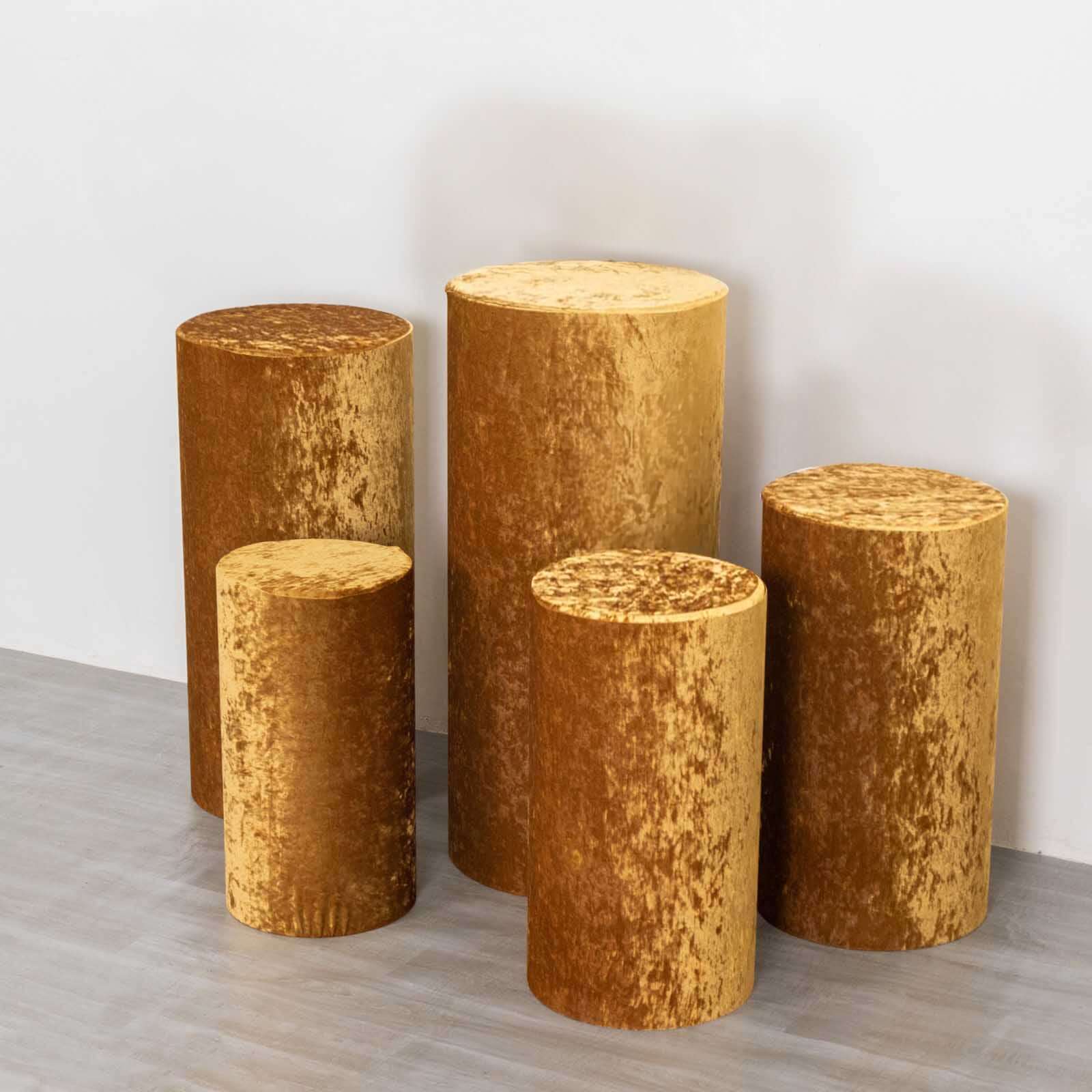 Set of 5 Gold Crushed Velvet Cylinder Pedestal Stand Covers, Premium Pillar Prop Covers - Bell Racket Store