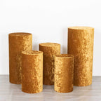Set of 5 Gold Crushed Velvet Cylinder Pedestal Stand Covers, Premium Pillar Prop Covers - Bell Racket Store
