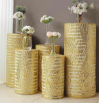Set of 5 Gold Sequin Mesh Cylinder Pedestal Stand Covers with Geometric Pattern Embroidery, Sparkly Sheer Tulle Pillar Prop Covers - Bell Racket Store