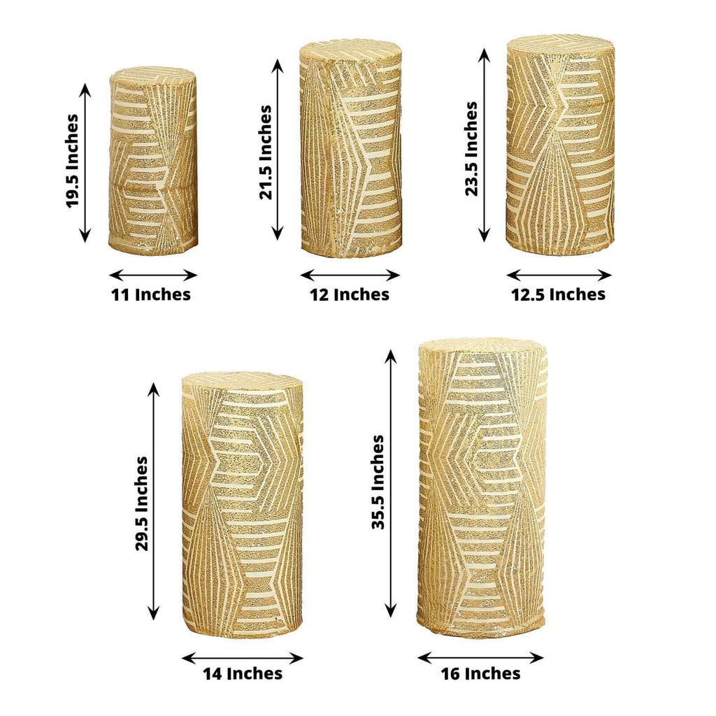 Set of 5 Gold Sequin Mesh Cylinder Pedestal Stand Covers with Geometric Pattern Embroidery, Sparkly Sheer Tulle Pillar Prop Covers - Bell Racket Store