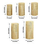 Set of 5 Gold Sequin Mesh Cylinder Pedestal Stand Covers with Geometric Pattern Embroidery, Sparkly Sheer Tulle Pillar Prop Covers - Bell Racket Store