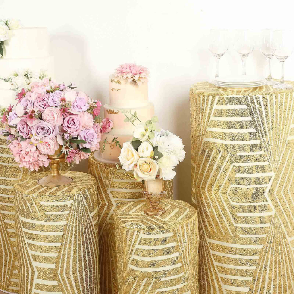 Set of 5 Gold Sequin Mesh Cylinder Pedestal Stand Covers with Geometric Pattern Embroidery, Sparkly Sheer Tulle Pillar Prop Covers - Bell Racket Store