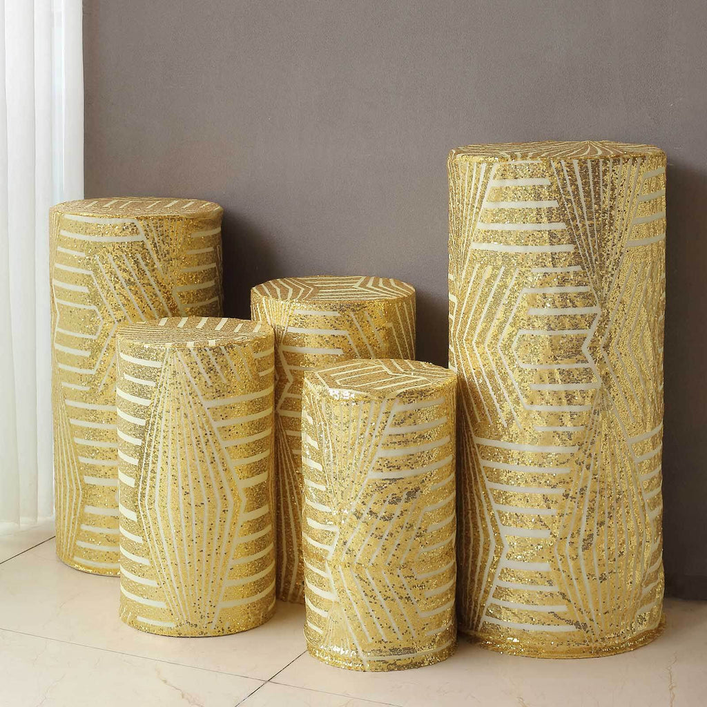 Set of 5 Gold Sequin Mesh Cylinder Pedestal Stand Covers with Geometric Pattern Embroidery, Sparkly Sheer Tulle Pillar Prop Covers - Bell Racket Store