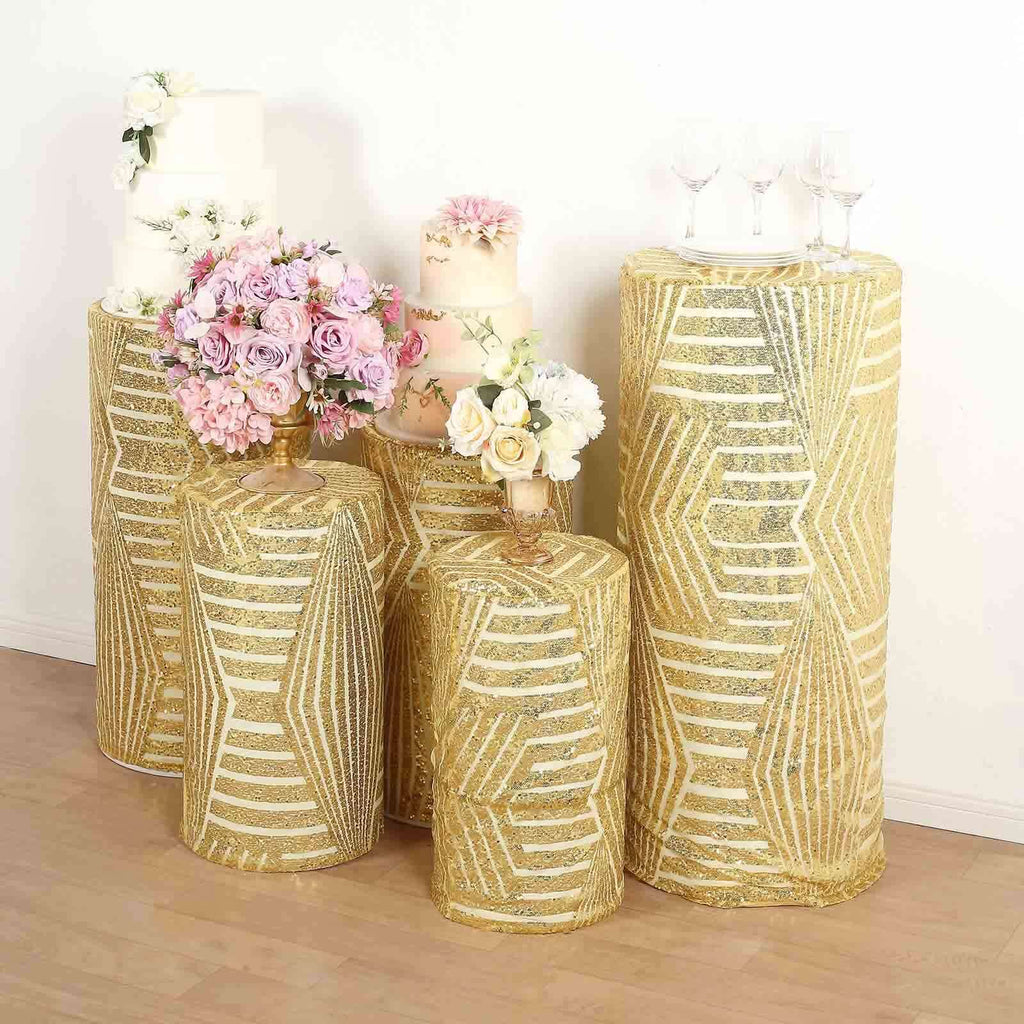 Set of 5 Gold Sequin Mesh Cylinder Pedestal Stand Covers with Geometric Pattern Embroidery, Sparkly Sheer Tulle Pillar Prop Covers - Bell Racket Store